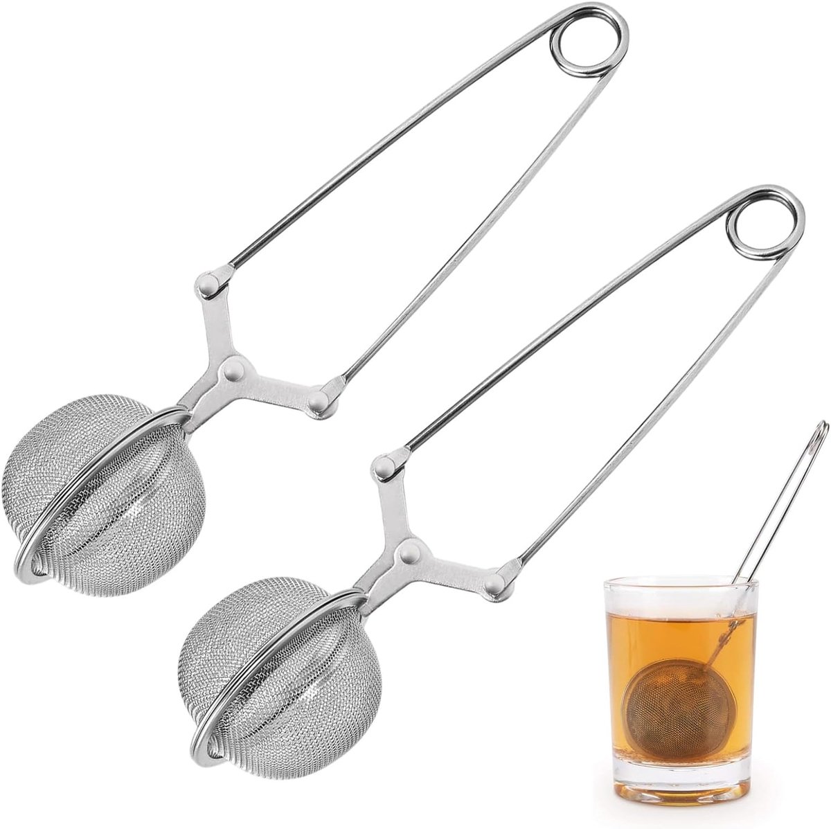 Theetang voor losse thee, 2 stuks, roestvrij staal, thee-ei voor losse thee, thee-ei, zeef, thee-infuser, thee-infuser, thee-tang met roestvrije handgreep, keukenhulp voor thee en specerijen, zeeftang