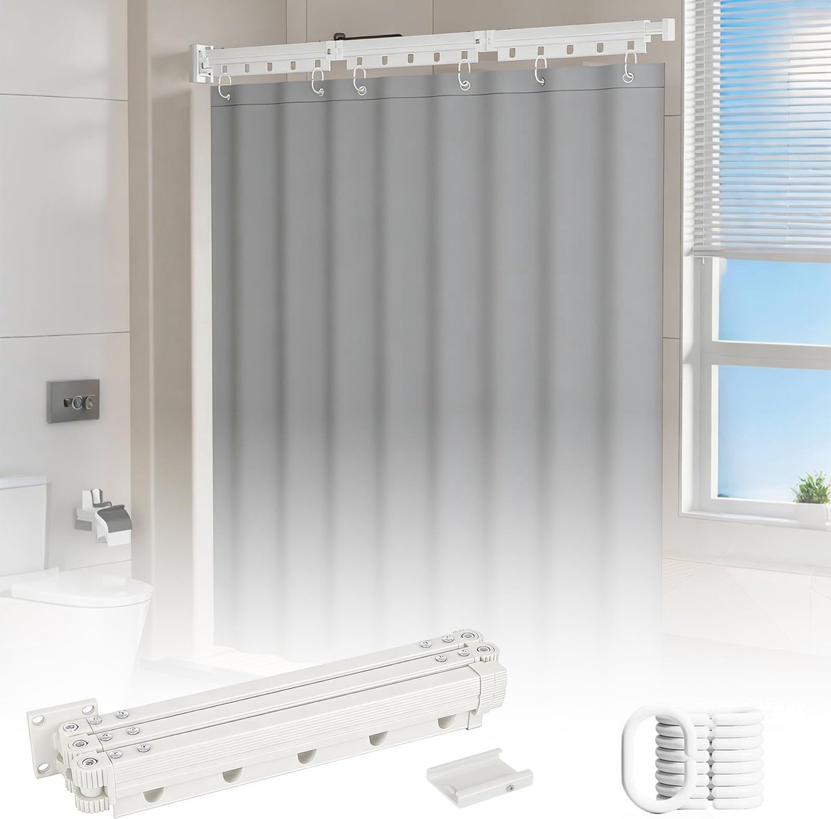 Omgoods - Opvouwbare Douchegordijnstang met Gordijn, Waterdicht, L/U Vorm, Wit