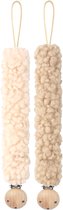 Twee teddy speenkoorden, crème en warm beige, met houten clips.