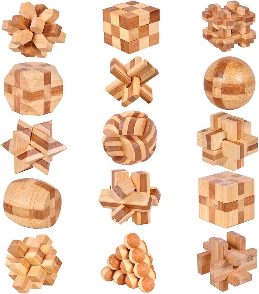 15 stuks Brain Teaser Puzzels, Houten Puzzel IQ Challenge Puzzel Games, Kleine Logic Mind Puzzel Speelgoed, Puzzels Geschenkset voor Volwassenen Tieners Kinderen, 1.8inch 4.5cm