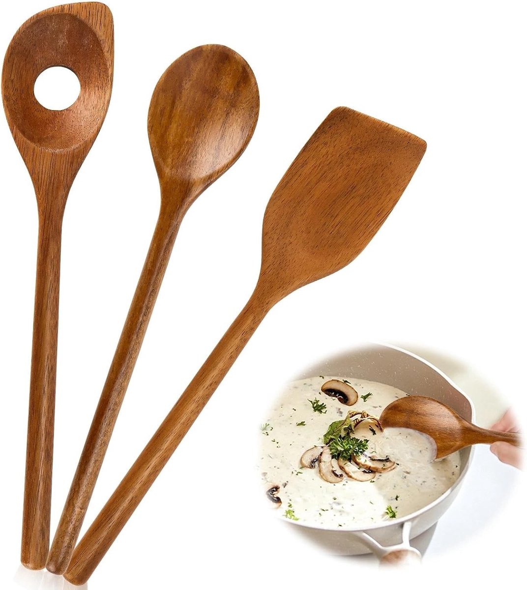 Set van 3 duurzame houten kooklepels, antibacteriële spatels voor antiaanbakpannen en aardewerk, keukengerei voor veilig koken