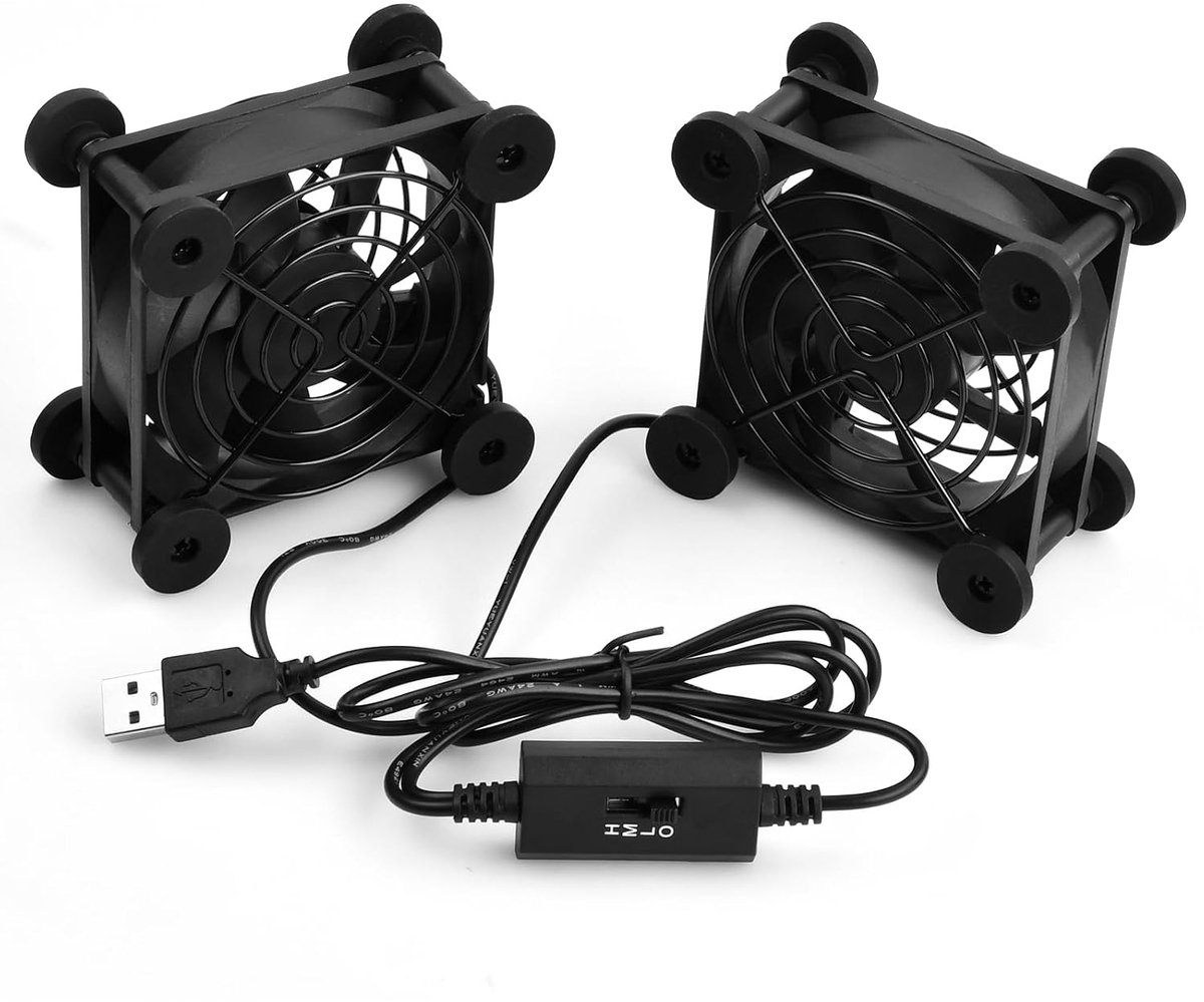 2 stuks USB stille pc-ventilator, 80 mm USB borstelloze koelventilator, 5 V borstelloze computerventilator, dubbele kogellagers, 2-in-1 behuizingsventilator, 2600 rpm, 32 CFM voor router, PS5, tv-box