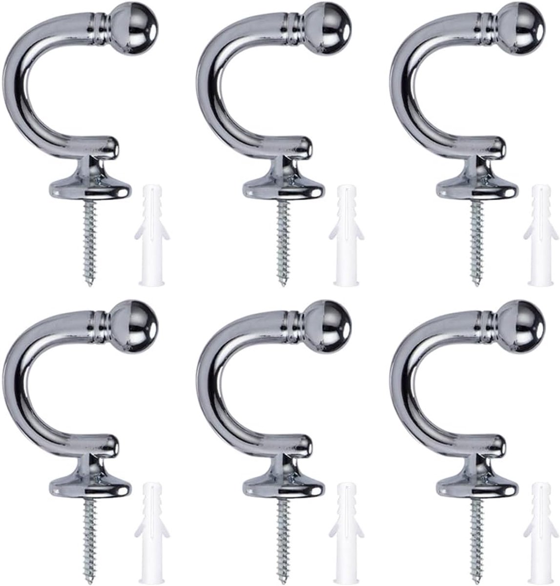 6 Stuks Gordijn Tieback Haken, U-vormige Gordijn Tie Haken Metalen Bal End Gordijn Tie Ruggen Haken Wandmontage Chrome Decoratieve Gordijn Haken voor Gordijnen Sleutels Kleding Jas Hanger