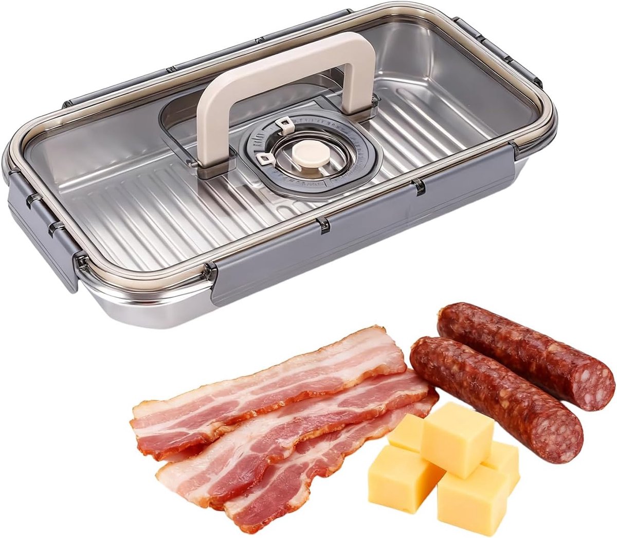 vleeswarendozen voor koelkast van 304 roestvrij staal met deksel en datumweergave – praktische Deli-container voor het bewaren van worst, spek en kaas, vaatwasmachinebestendig en