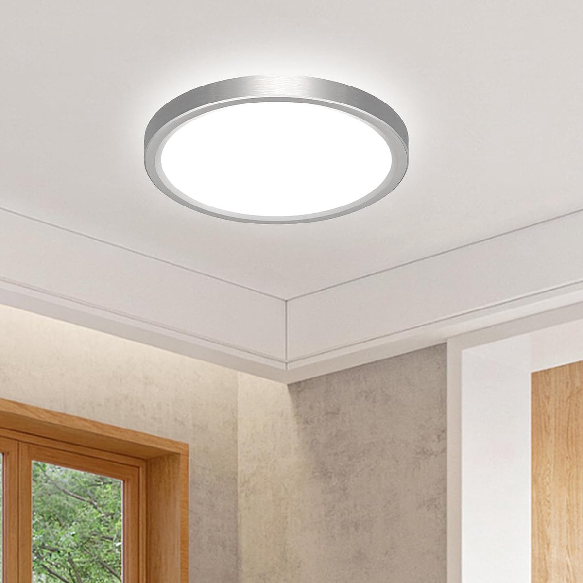 slochi Led-plafondlamp, 3 kleuren, 3000 K/4000 K/6500 K, rond, plat, badkamerlamp, IP44 waterdicht, 16 cm, 12 W, nikkel, kleine badkamerlamp, plafond voor keuken, hal, kelder, badkamer, slaapkamer