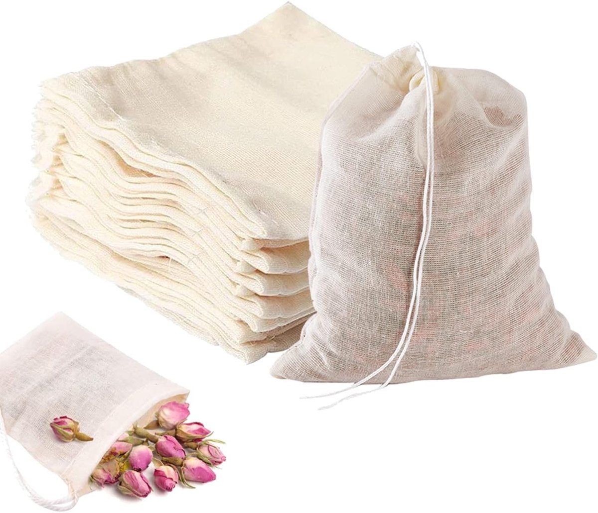 100 stuks 8 x 10 cm katoenen mousseline kruidenzakjes met trekkoord, 100% katoen, herbruikbare kruidenzakjes voor het koken, theezakjes voor losse thee, fruitthee, koffie, specerijen