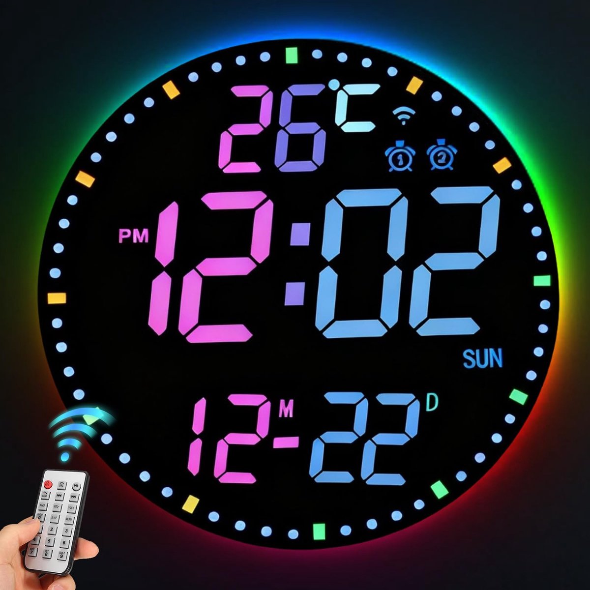 Omgoods - Digitale Wandklok met LED-Display en Afstandsbediening - Stil en Modern