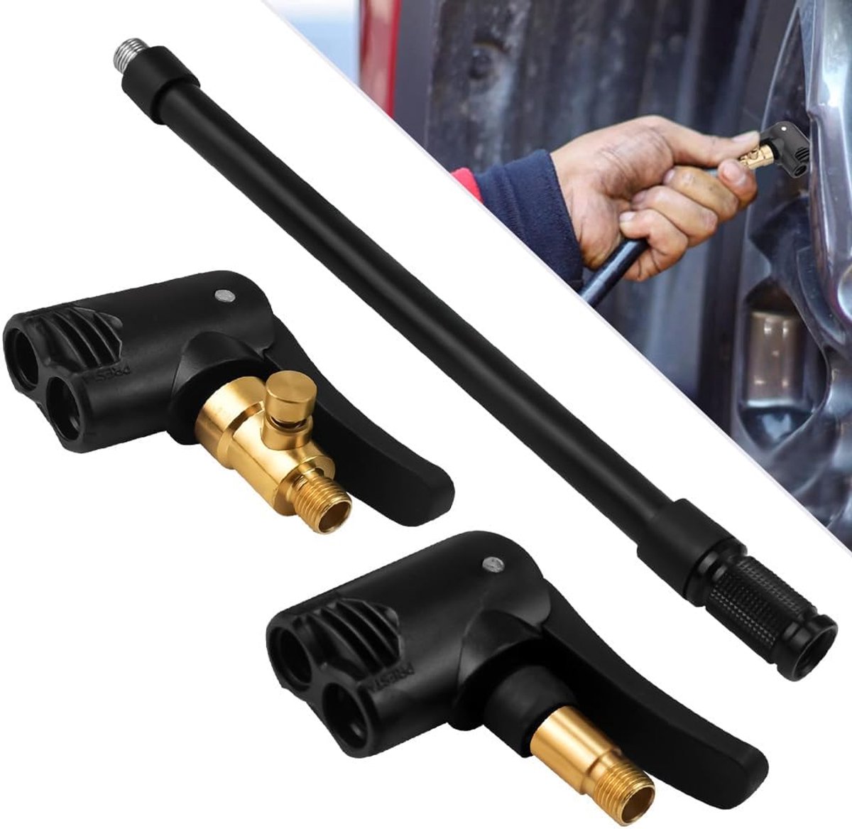 2 stuks opzetstukken voor autobanden, ventieladapter voor autobanden, met verlengslang, verbindingsslang, schroefband, autobandhouder voor opblaaspomp, fiets, motorfiets