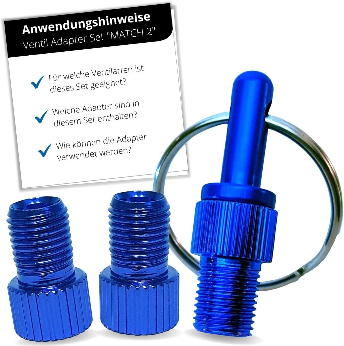 Sports Ventieladapterset met sleutelhanger, 3 stuks aluminium ventieladapter, kleurrijk voor de fiets, handleiding incl.