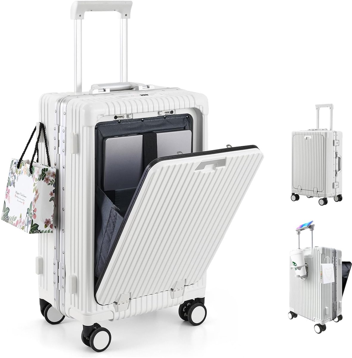 Handbagagekoffer, Lichtgewicht Koffer 20 inch, Handbagage Koffer met Aluminium Frame en PC Hard Schaal, Dubbel TSA-slot, Reiskoffer Bagage Trolleykoffer met 4 Wielen, Bekerhouder, Wit