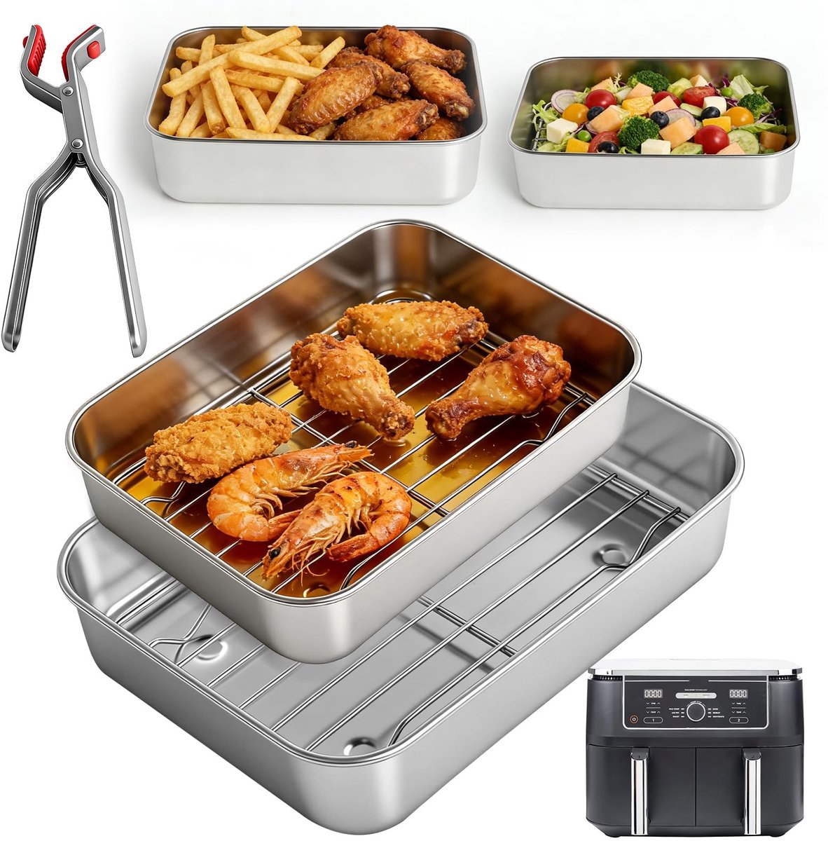 Omgoods - 2-delige Vierkante Airfryer Bakvorm met Afvoergeschikt en Isolerende Clip