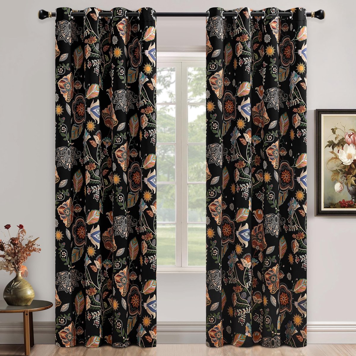 Omgoods - Zwart Bloemmotief Blackout Gordijnen 90 Inch voor Woonkamer/Slaapkamer Set van 2