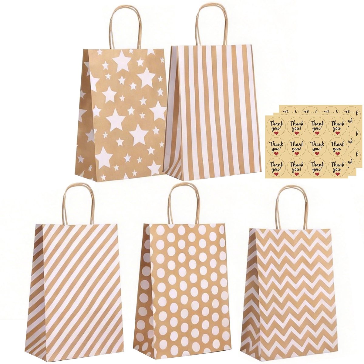 Omgoods - 30 Stuks Cadeau Tassen - Bruin Papier met Thank You Stickers voor Feesten