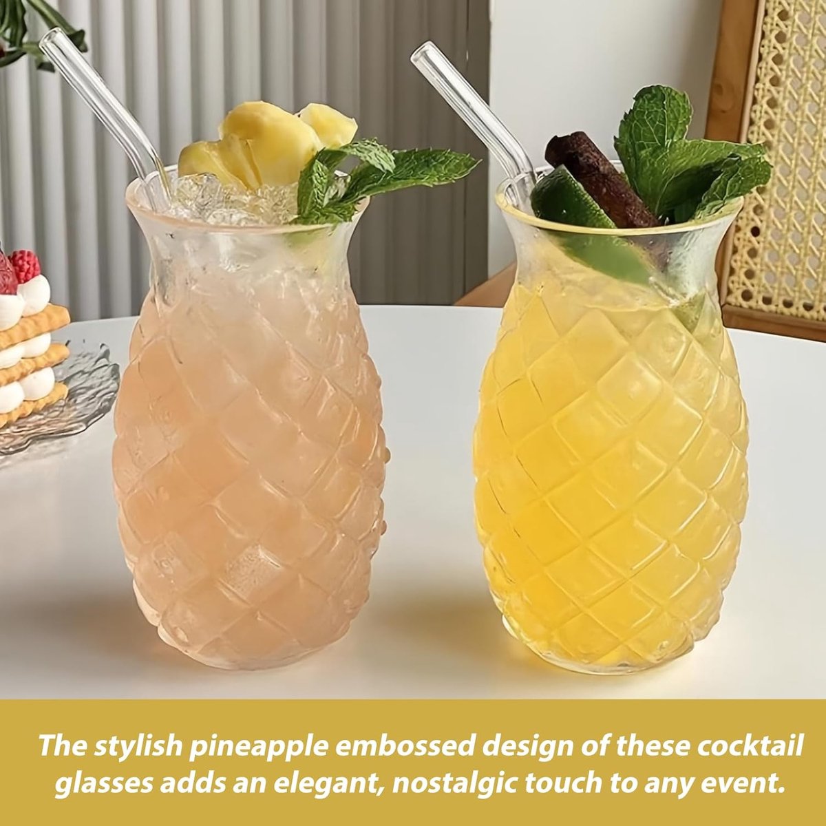 Set 4 stuks: 480 ml Ananas Glazen, Cocktail Bekers voor Bar, Feest Wijnsap, Ananasglazen Helder Cocktailglas met Ananas-Reliëf voor Cocktails, Sapglazen, Longdrink-Glas
