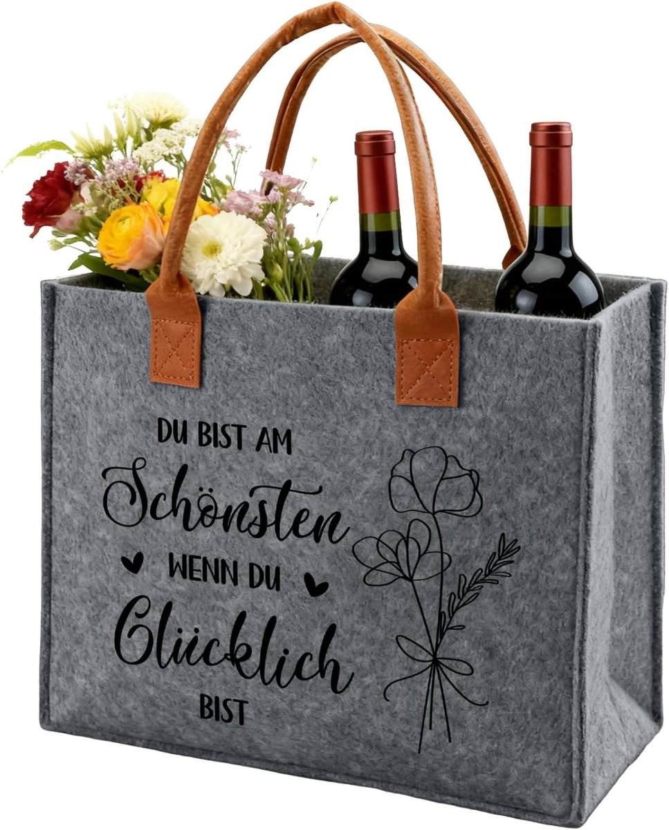 Geschenken vrouwen vilten tas met spreuk Du Bist am Schönsten Wenn Du Glücklich Bist, vilten shopper tas vrouw, vilten tote bag voor dames, cadeau voor vrouwen, mama, vriendin voor verjaardag