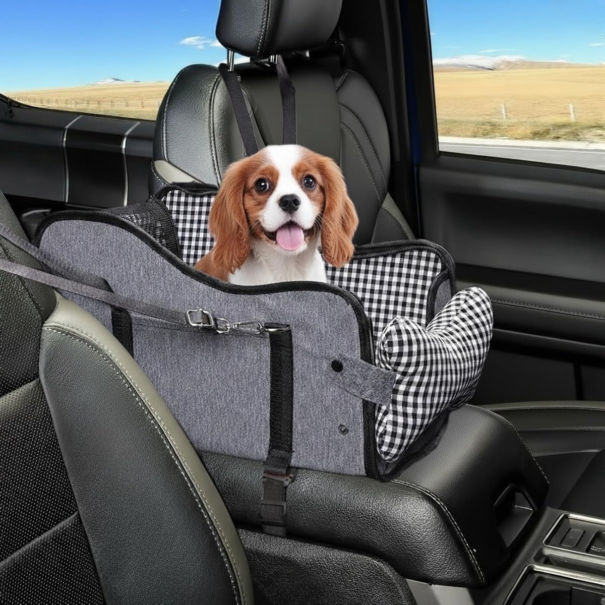 Honden Autostoel - Opvouwbaar Autostoel Hond - Autostoeltje voor de middenconsole - Voorzien van verstelbare schouderbanden en bevestigingsriemen - Uitneembaar dubbelzijdig zitkussen - Voor kleine huisdieren met een gewicht tot 14 catties - Grijs