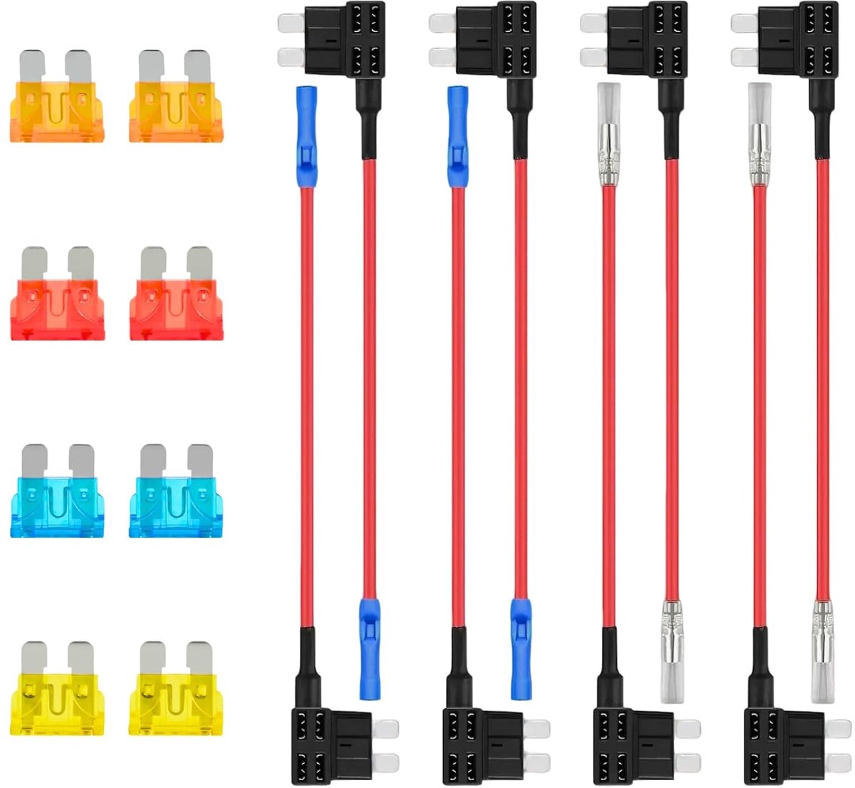 8 stuks stroomdief, autozekeringen, 12 V, voeg een zekering zekeringdief, platte zekeringsadapter Piggyback met meszekeringen, zekeringhouder 12V voor autozekeringen met 5A 10A 15A 20A voor auto