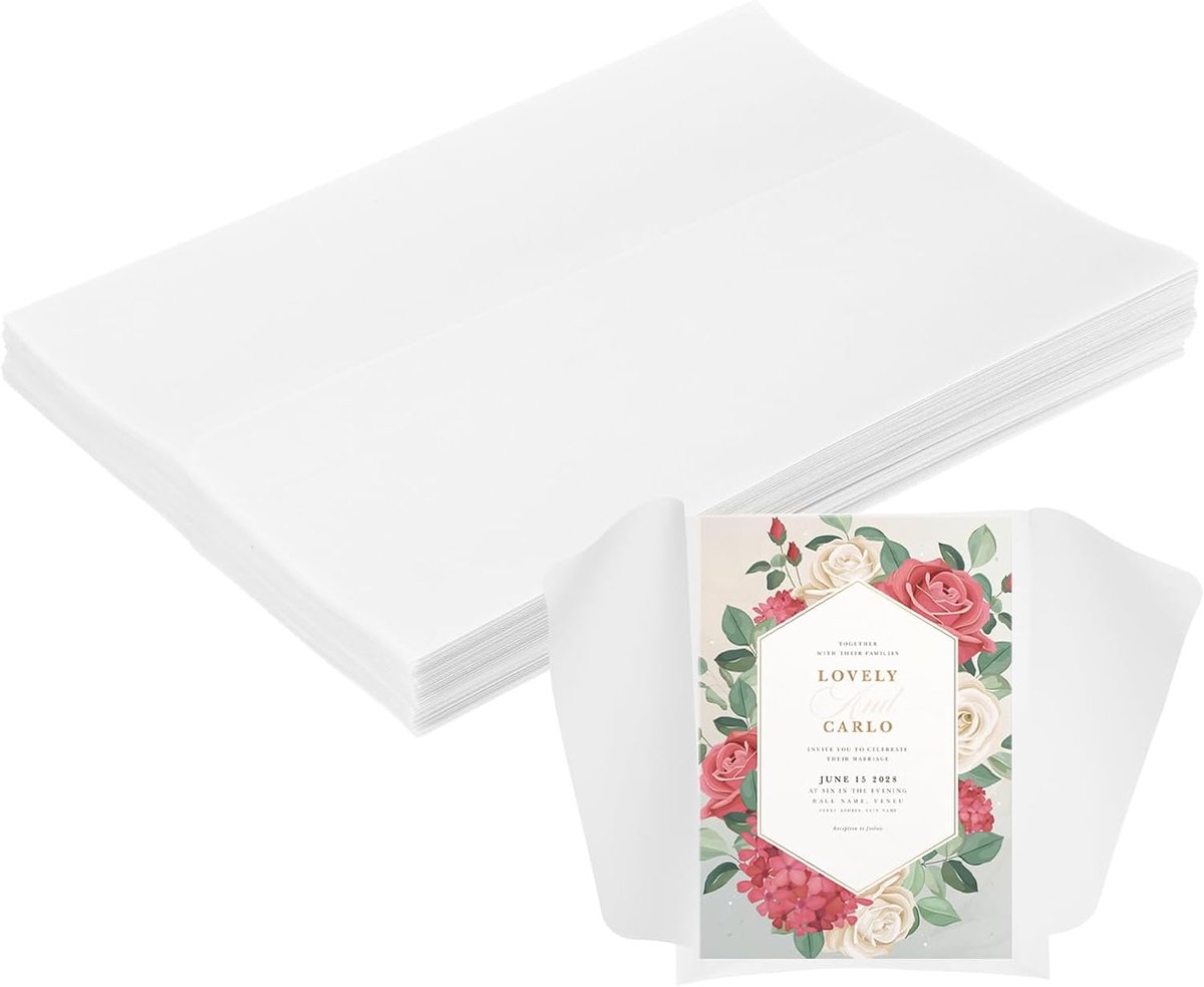 60 Pack Vellum Jackets, 12,7x17,8 cm Vellum Papier Voorgevouwen Vellum Enveloppen Transparant 53GSM voor Huwelijksuitnodigingen Accessoires Bruidsdouches Verjaardagen Verpakkingen
