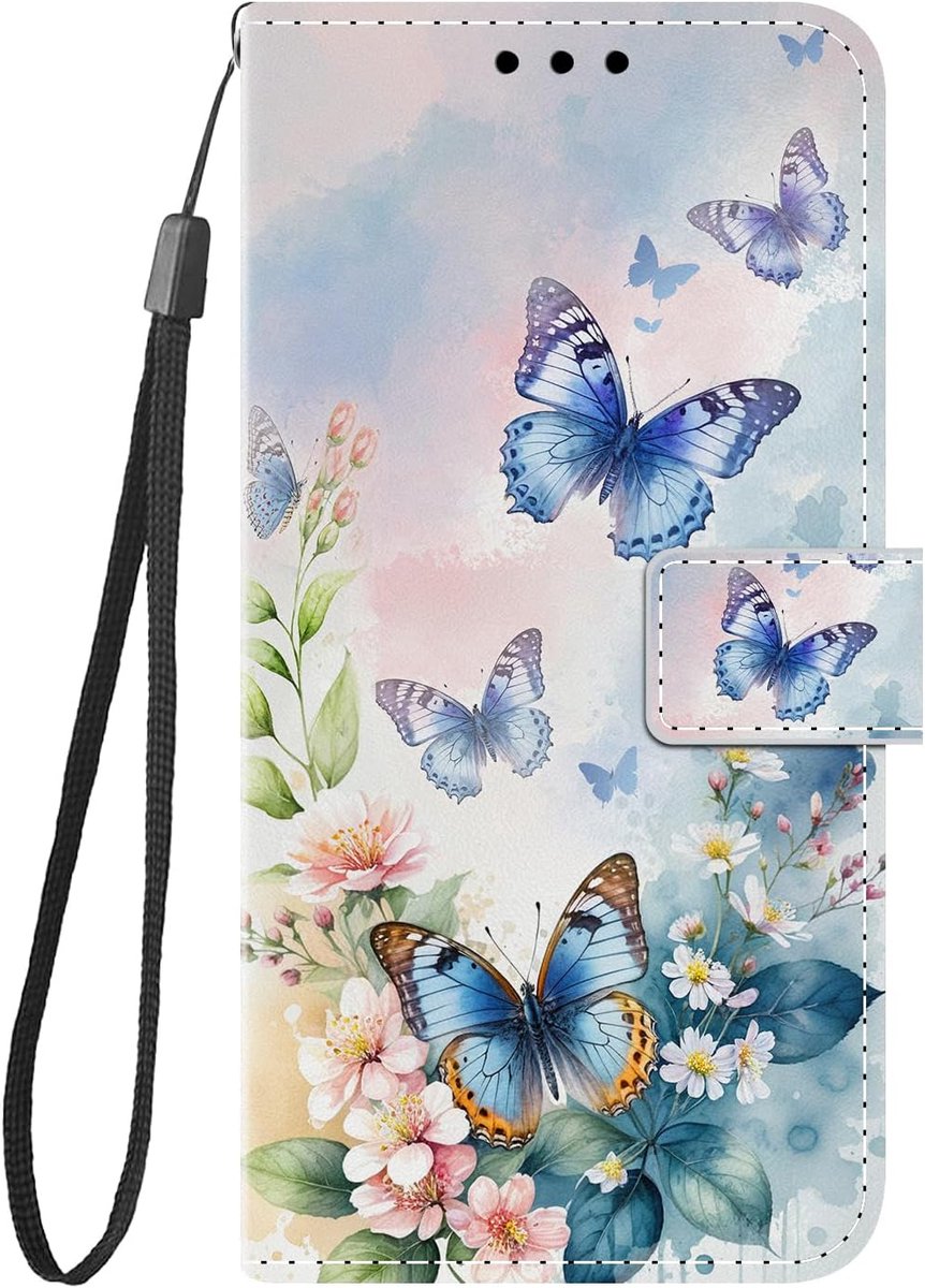 Hoes voor mobiele telefoon voor Samsung Galaxy A37 5G, hoes met mooi motief, PU-leer, flip wallet case, cover, inklapbare telefoonhoes, beschermhoes, stootvaste klaphoes, vlinder, roze bloem