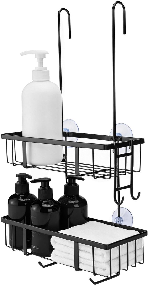 Omgoods - Hangende Douche Plank met 2 Niveaus - Geen Boren Benodigd - Zwarte Staal