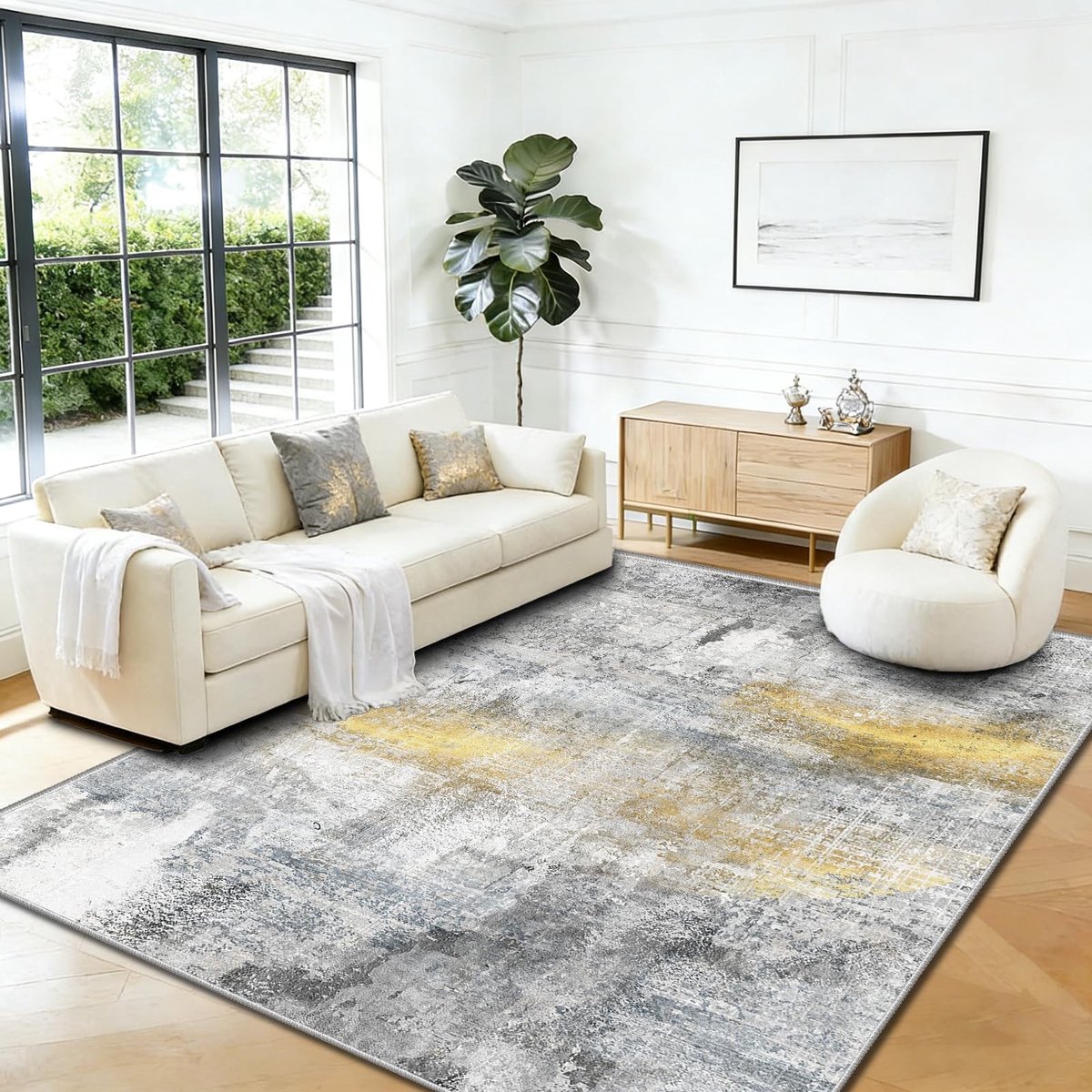 Omgoods - Wasbaar Woonkamer Tapijt 80 x 160 cm Kort Polig Antislip Tapijt Wit-Licht Grijs met Gouden Abstract Modern