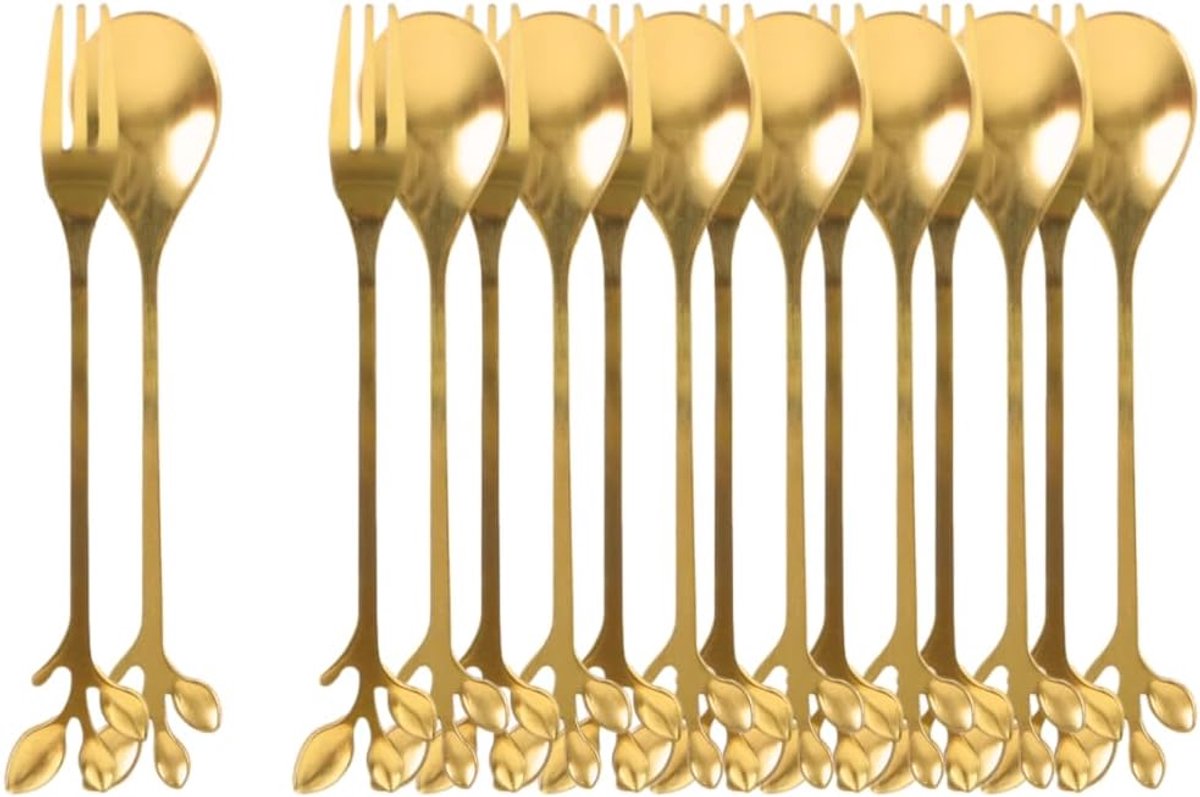 Gebaksvorkjes en Theelepeltjes - 16 stuks - Goud met Bladeren - Dessertvorkjes - Taartvorkjes - LEAF