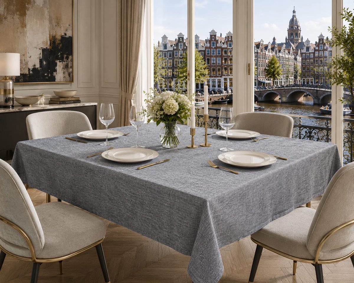 Lano&Go Tafelkleed linnenlook grijs rechthoekig 135 x 180 cm waterafstotend vuilafstotend afwasbaar voor eetkamer tuin feest