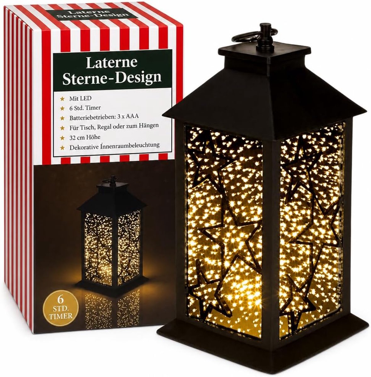 Lantaarn sterrendesign met fonkelende LED, gespiegeld glazen venster, werkt op batterijen, 32 x 15 x 14 cm, kunststof, timerfunctie, aan-/uitschakelaar, indoor, zwart/zilver