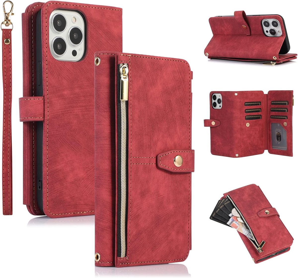 Hoes voor iPhone 13 Pro Max van 6,7 inch (17 cm), 9 kaartvakken, retro lederen portemonnee, schokbestendig, flipcase met handlus, standfunctie, ritssluiting, telefoonhoes met magneetsluiting, portefeuille, retro, wijnrood