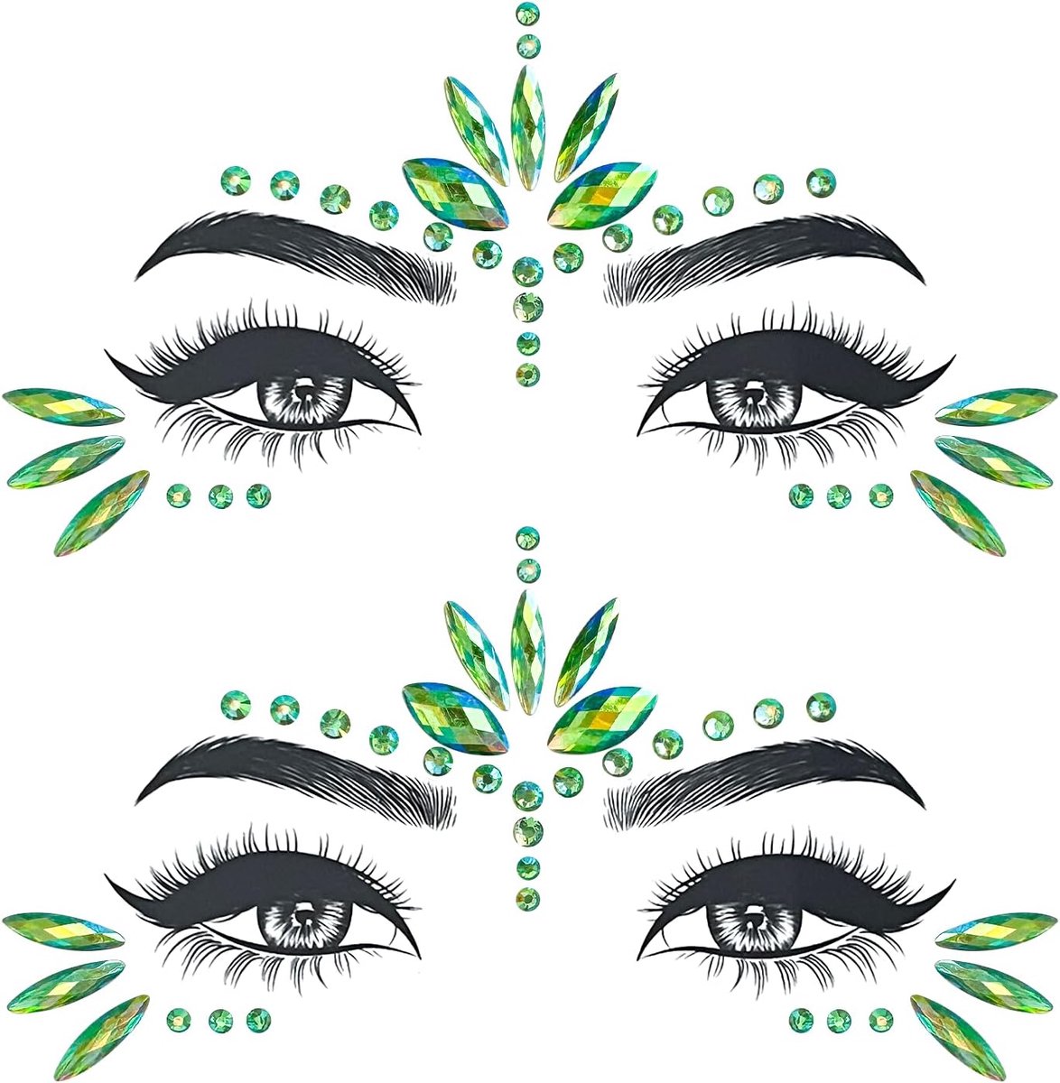 2 stuks groene edelstenen kristallen gezichtstoeages, glitterstenen gezichtsset kan de hele nacht op je gezicht worden gebruikt voor vele gelegenheden. Ze zijn het perfecte cadeau voor kinderen en