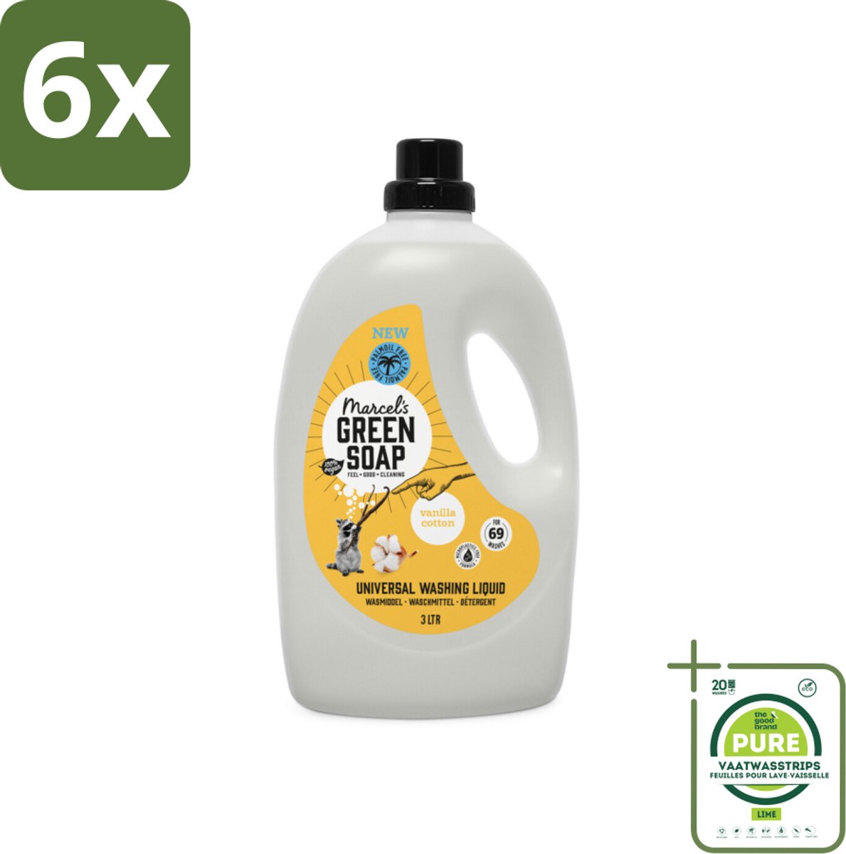 Marcel's Green Soap - Vloeibaar Wasmiddel - Vanille & Katoen - Universeel - Natuurlijk & effectief - 69 Wasbeurten - 3L - Voordeelverpakking - 6 stuks - Wasmiddel - Biologisch afbreekbaar