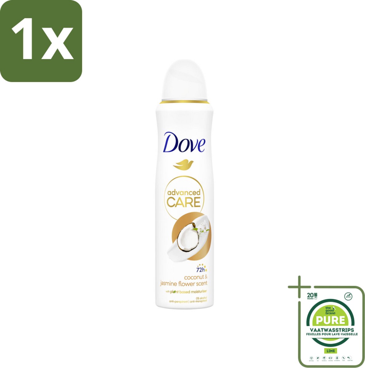 1 x Dove Deodorant Spray - Advanced Care - Kokos & Jasmijnbloem - 150 ml - Deodorant Spray - Anti-transpirant - Kokos - Jasmijn - Langdurige Frisheid