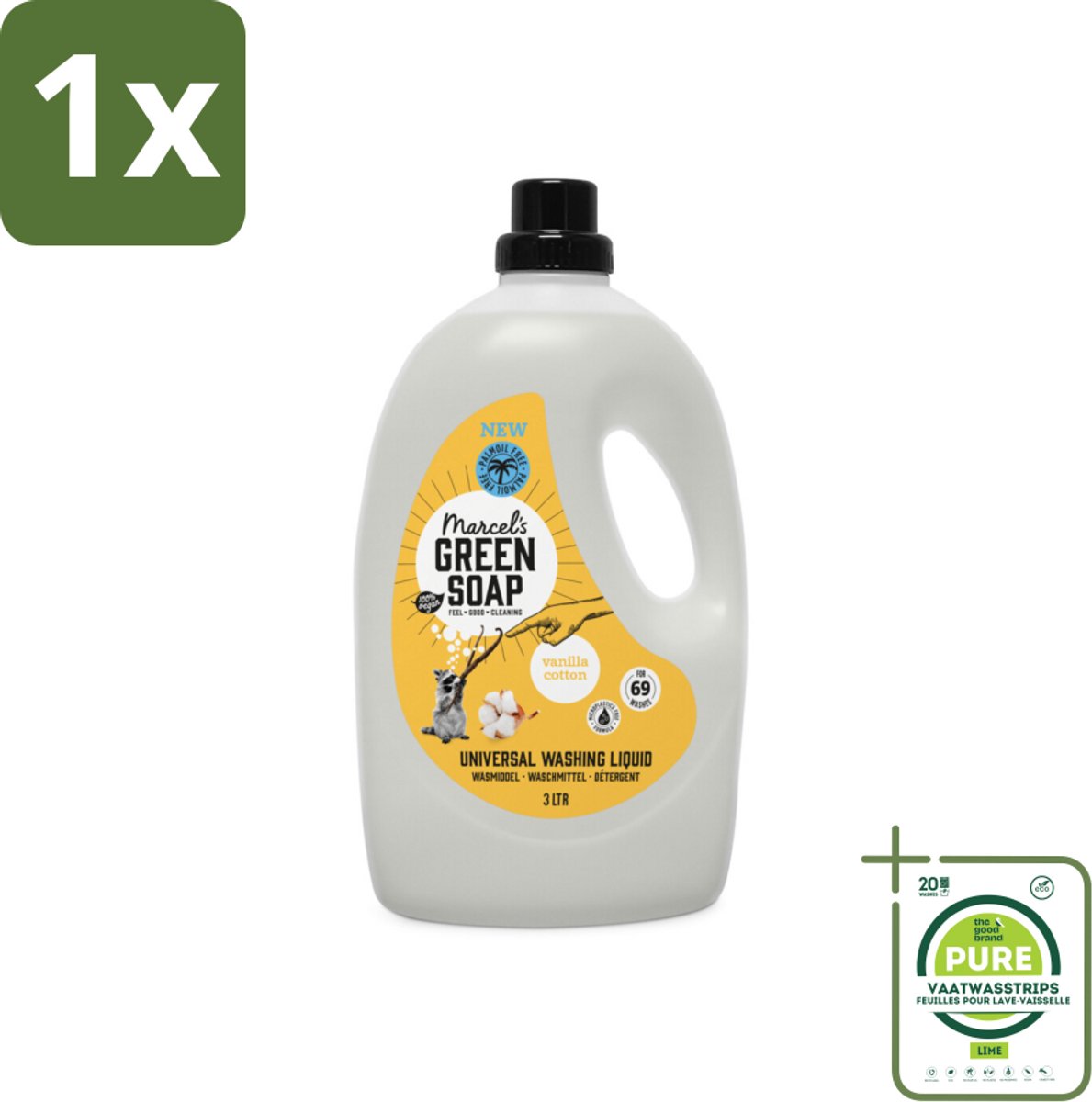 1 x Marcel's Green Soap - Vloeibaar Wasmiddel - Vanille & Katoen - Universeel - Natuurlijk & effectief - 69 Wasbeurten - 3L - Wasmiddel - Biologisch Afbreekbaar - Duurzaam Wassen - Vanille Geur - Katoen Geur