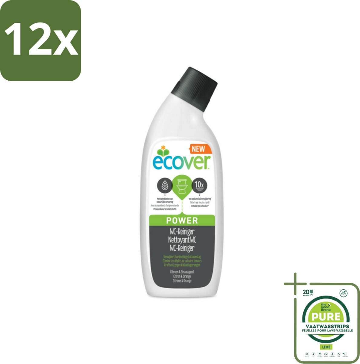 Ecover - Toiletreiniger Power - 750 ml - Voordeelverpakking - 12 stuks - Toilet schoonmaak - Kalkaanslag verwijderen
