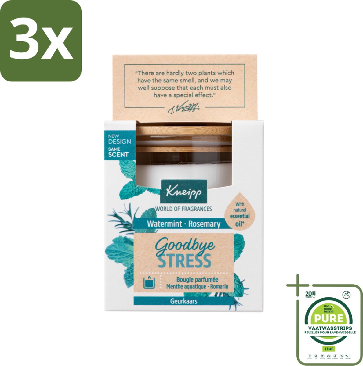 3 x Kneipp - Geurkaars - Goodbye Stress - Watermunt & Rozemarijn - 20 branduren - Grootverpakking - Geurkaars - Stress Verlichten - Ontspanning - Watermunt - Rozemarijn