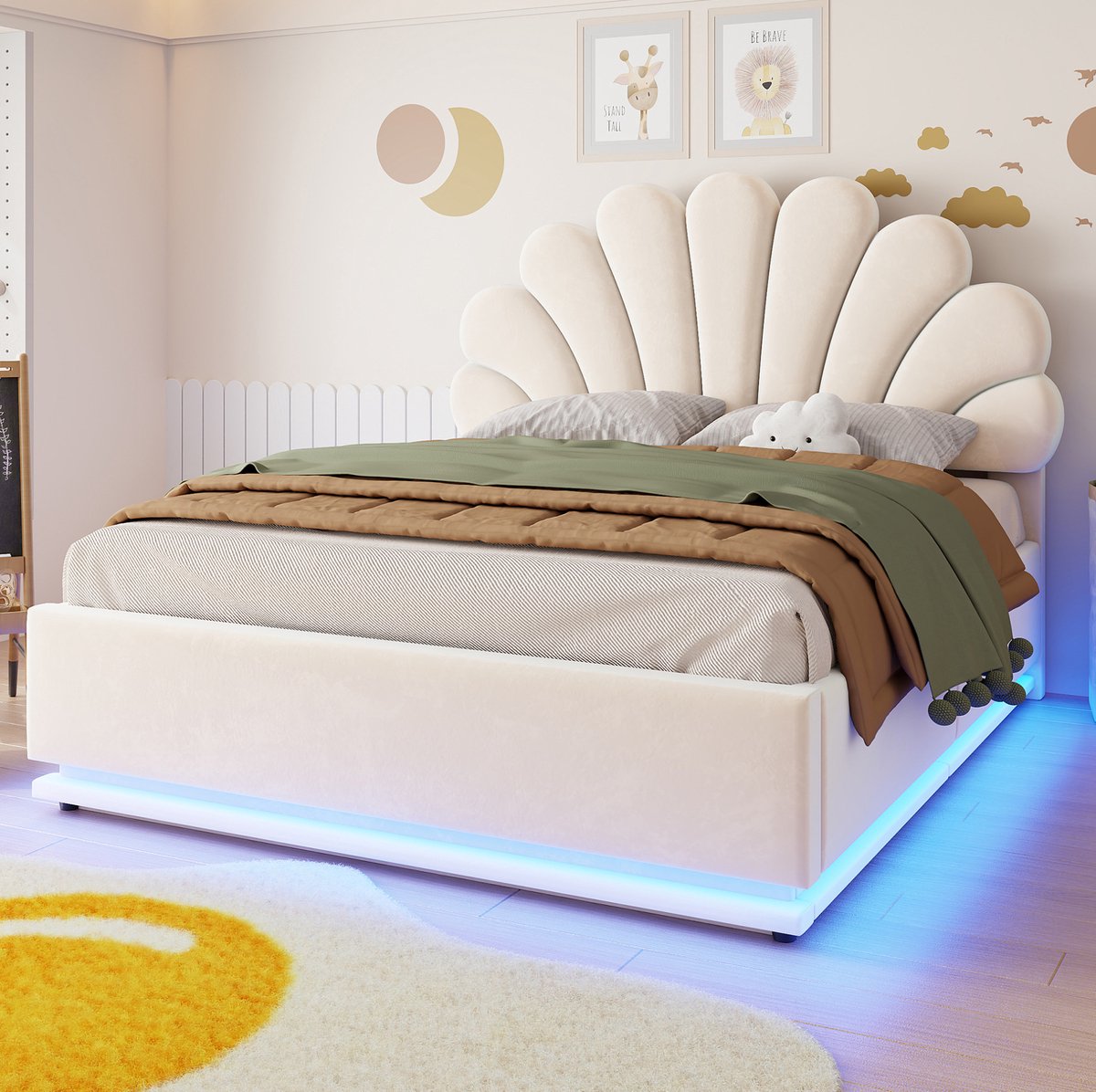 MIVRAY Tweepersoons Bed 140x200cm Zonder Matras - Bloemen Hoofdbord Met Opbergruimte En Led Verlichting - Velvet - Beige