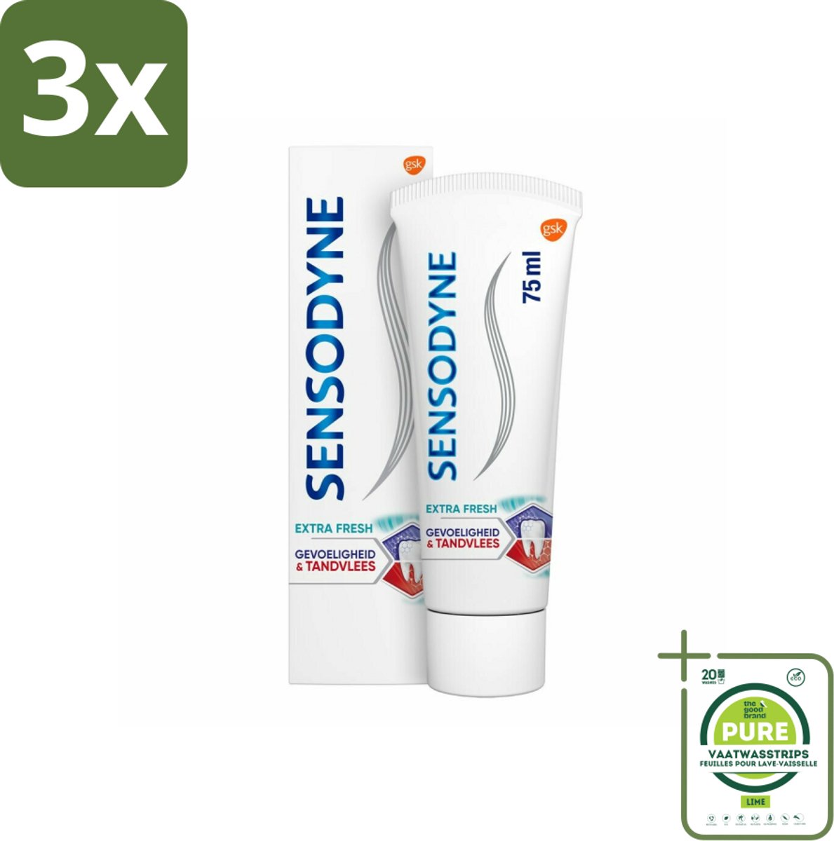 3 x Sensodyne - Tandpasta - Gevoeligheid & Tandvlees - Extra Fresh - 75 ml - Grootverpakking - Tandpasta Gevoelige Tanden - Tandvleesproblemen - Tandplak - Gevoelige Tanden - Tandvleesverzorging