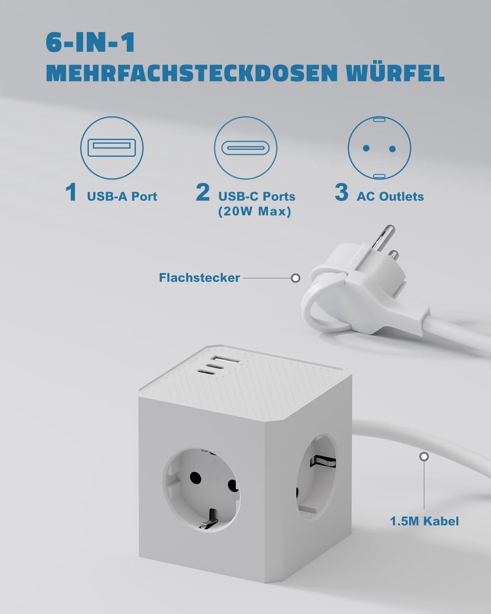 Stekkerdoos met 3 USB en Platte Stekker - Wit - 1,5 m Kabel - 6-in-1 Multifunctionele Stekkerdoos - Voor Thuis en Op Reis