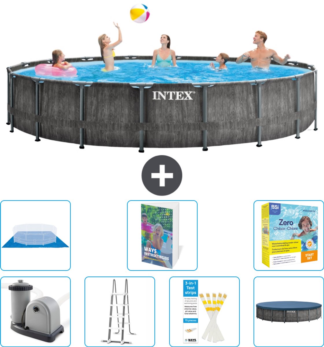 Intex Rond Prism Frame Greywood Zwembad - 549 x 122 cm - Inclusief Pomp - Ladder - Grondzeil - Afdekzeil - Onderhoudspakket - 8-delig