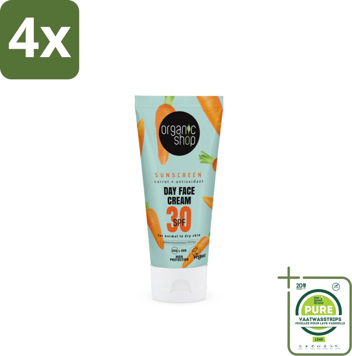 Organic Shop - Zonnebrandcrème Gezicht SPF 30 - Normale Huid - 50 ml - Voordeelverpakking - 4 stuks - Zonnebrandcrème - Gezichtscrème