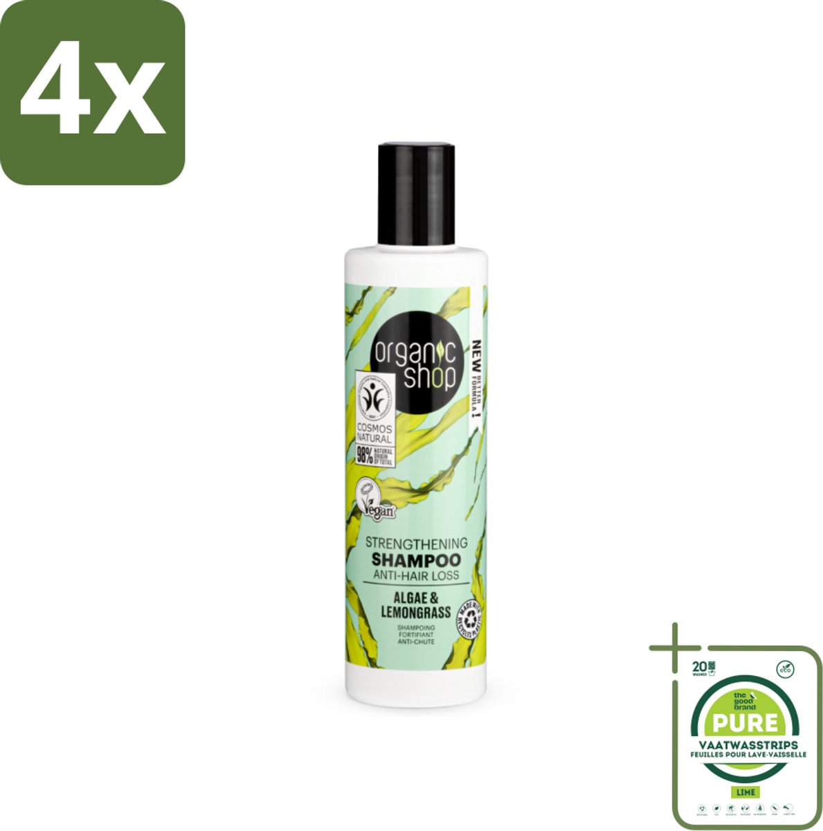 Organic Shop - Algae & Lemongrass Strengthening Shampoo - Versterkend en Herstellend - 280 ml - Voordeelverpakking - 4 stuks - Haaruitval shampoo - Versterkende shampoo