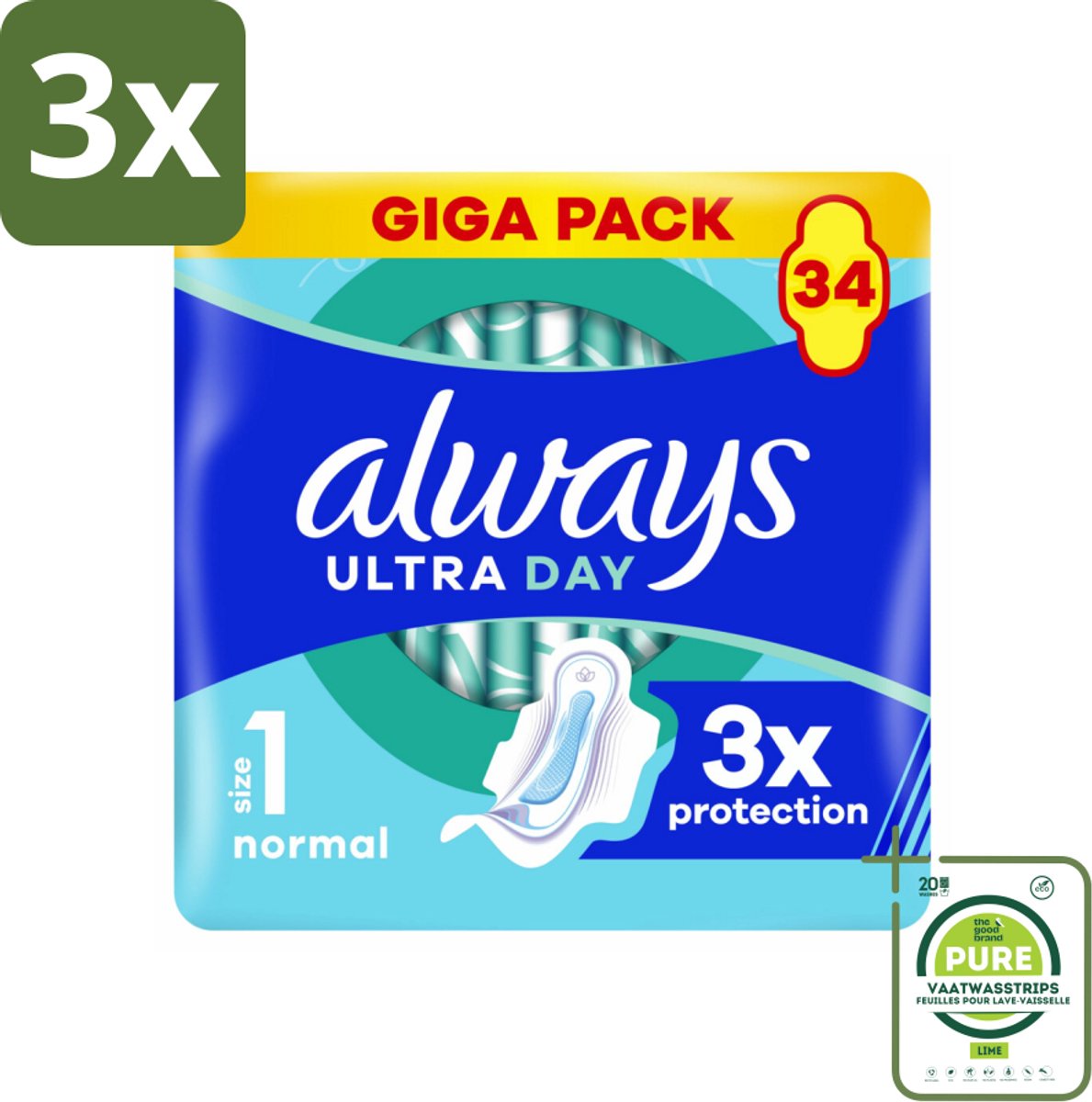 3 x Always - Maandverband - Dag - Normal - 34 Maandverband - Grootverpakking - Maandverband - Maandverband Met Vleugels - Always Ultra - Always Ultra Day Normal - Dagverband