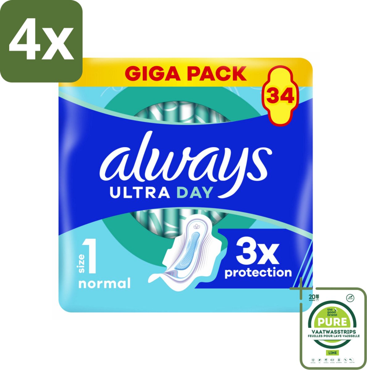 Always - Maandverband - Dag - Normal - 34 Maandverband - Voordeelverpakking - 4 stuks - Maandverband - Maandverband met vleugels