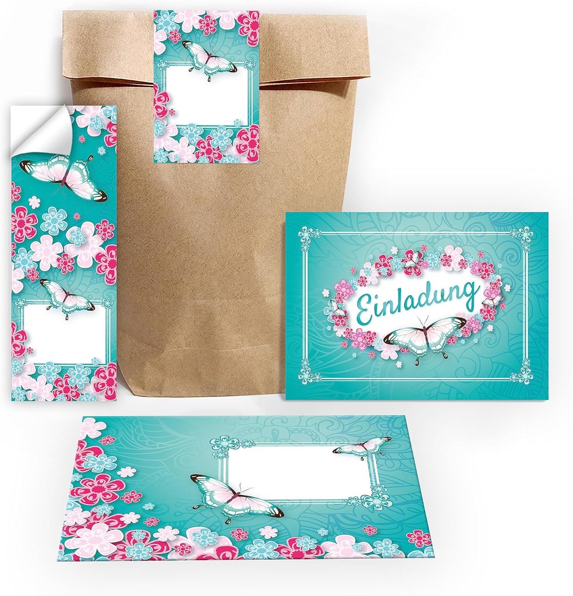 SnelShoppen - 12 Uitnodigingen Kinderverjaardag, Uitnodigingskaarten, Vlinder, Inclusief 12 Enveloppen, 12 Cadeautasjes, 12 Stickers, Feestmateriaal v