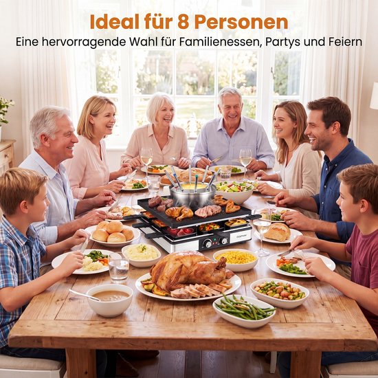 COSTWAY 3-in-1 raclette-grill en fondue, 2200 W, elektrische grill voor 8 personen - Met anti-aanbakplaat en 8 pannen, elektrische grill met dubbele thermostaat, 8 houten spatels en 8 fonduegaten — afbeelding 3