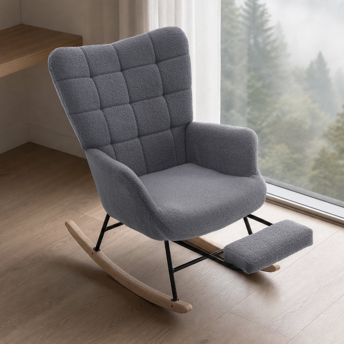 REDOM Schommelstoel - Relaxstoel 91 cm - Moderne Lounge Schommelstoel - Comfortabel en Stevig Frame - Voor Woonkamer Balkon Terras - Metaal en Hout - Grijs