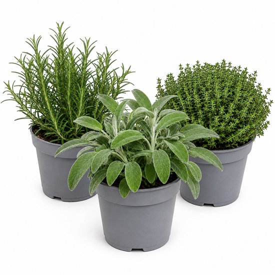 Trois plantes d'herbes en pots gris: romarin, sauge et thym.