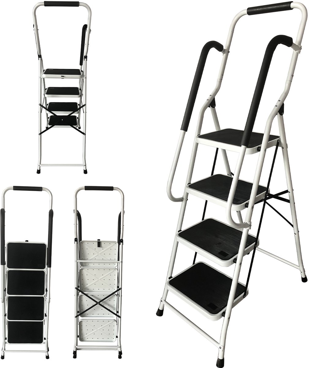 Vouwbare Huishoudtrap 4 Treden met Afneembare Armleuningen, Antislip Treden, Kruisversteviging, Compact Opbergbaar Veilige Trap voor Binnenklussen