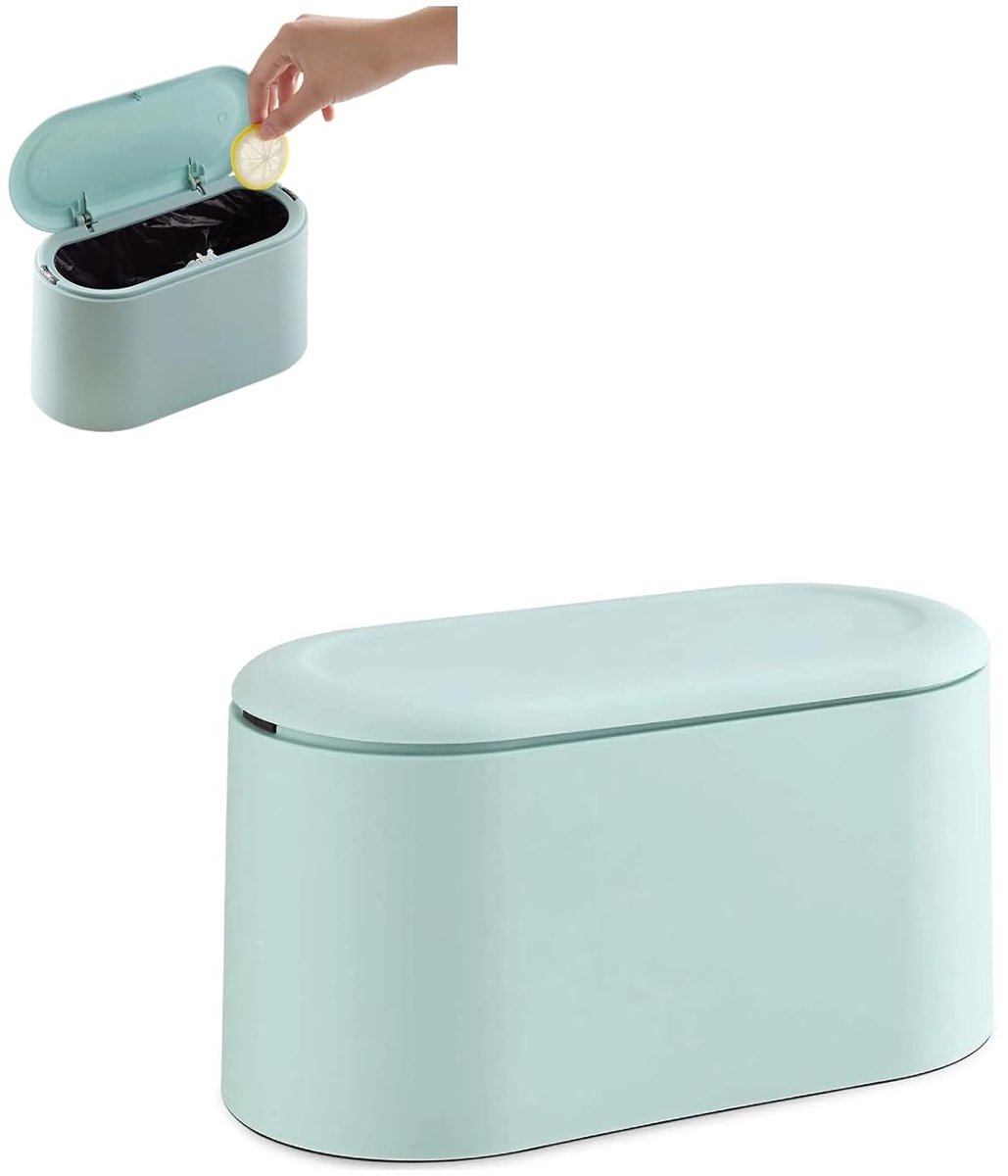 KZQ Mini prullenbak met deksel en veermechanisme, 1,75 liter, lichtblauw, 22x10x13 cm — geschikt voor badkamers, aanrechtbladen, keukens en kantoren.