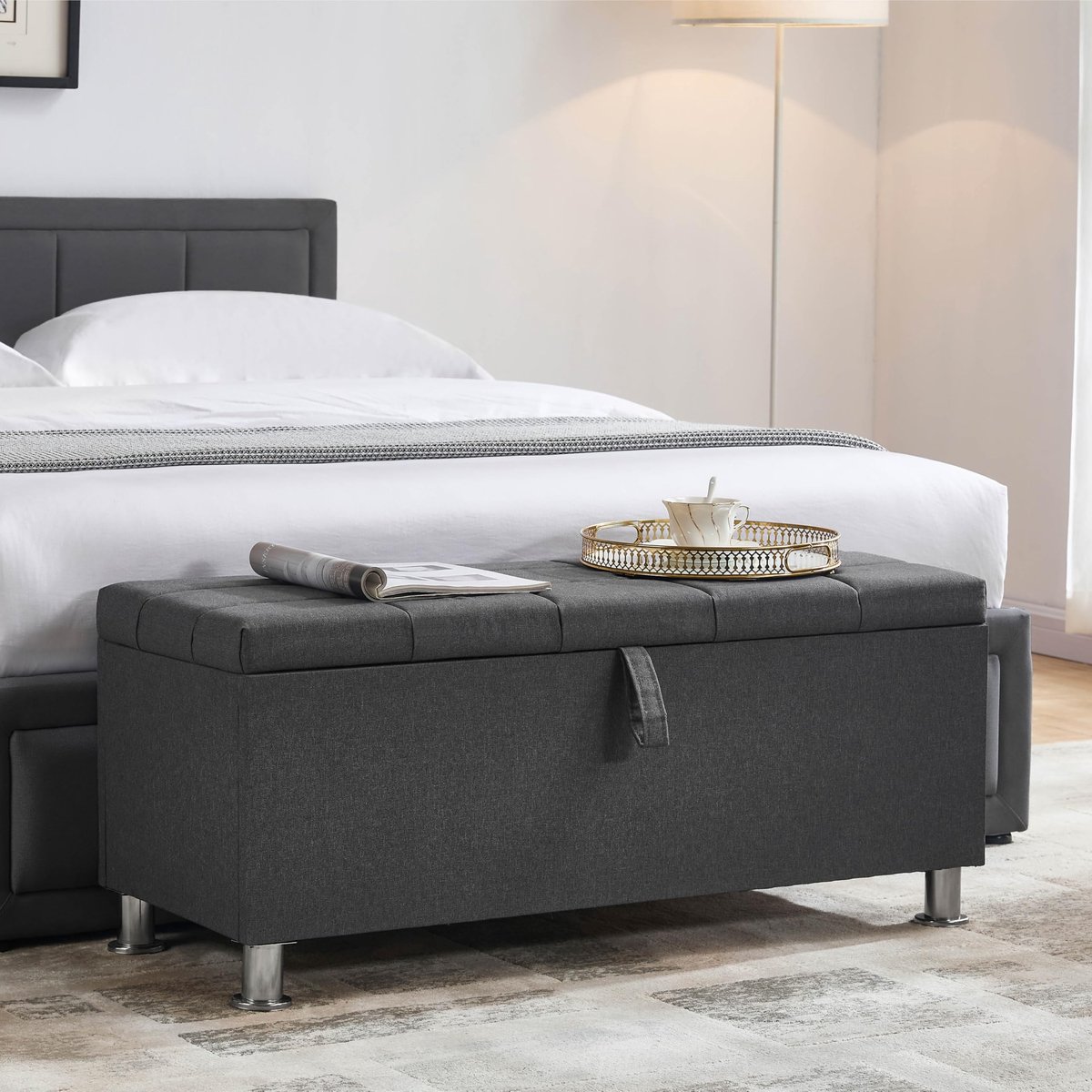 SnelShoppen - Valencia Opbergpoef met Liftdeksel, Donkergrijs Linnen, 100 x 40 x 44 cm - Ideaal voor Speelgoed, Beddengoed en Voetenbank